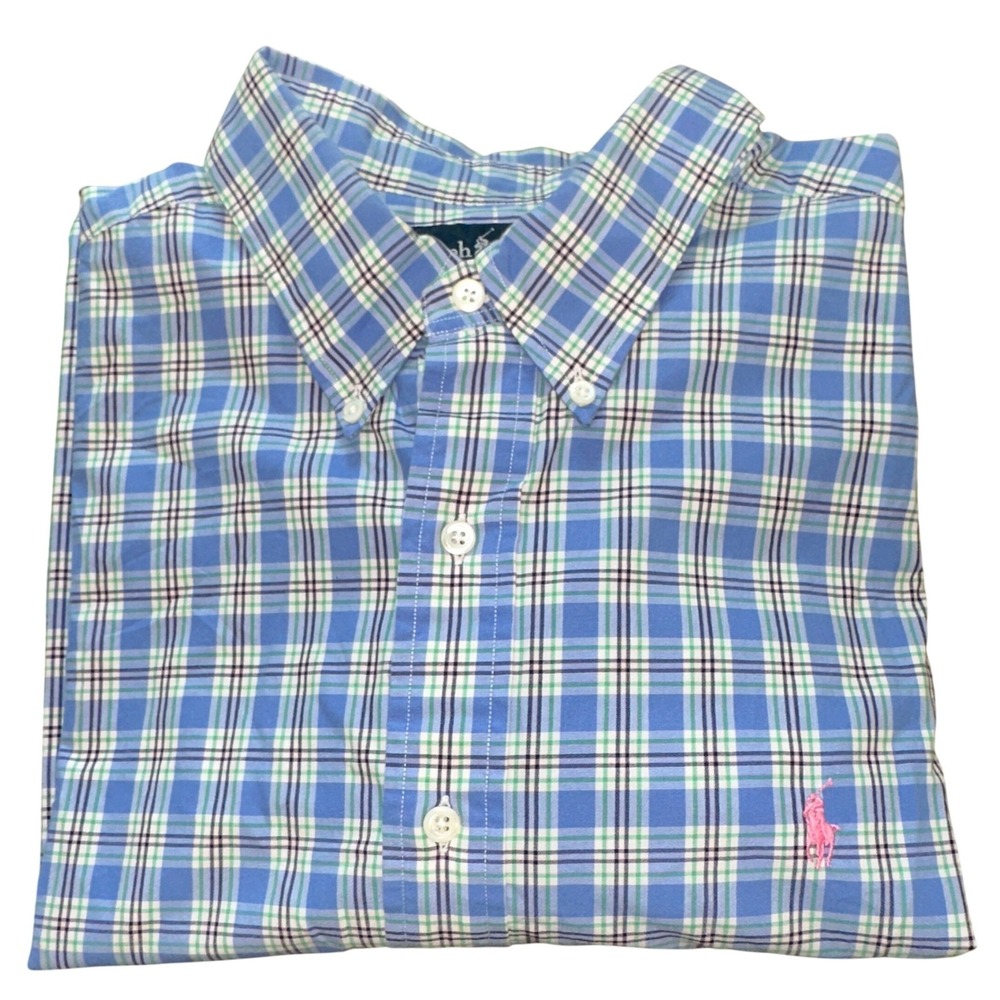 Ralph Lauren Blue Green Plaid Short Sleeve Button Down Shirt XL